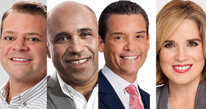 De izquierda a derecha, Adrián González (PIP), Antonio Carmona (PPT), Leo Díaz (PNP) y la incumbente Carmen Yulín (PPD). (Montaje/Presencia).